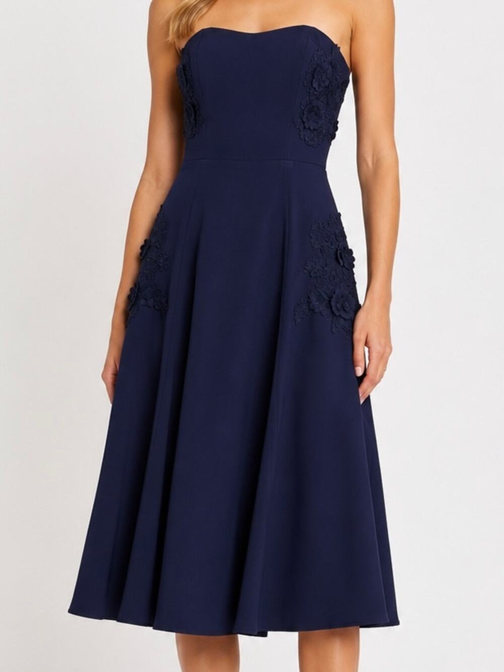 J. Crew Collection Tulare Strapless Satin Back Crepe Midi Dress Floral Navy Blue